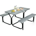 thumbnail image 1 of ORALNER Picnic Table, Resin Dining Table & 2 Benches Set, Weather Resistant Wood Grain Plastic Tabletop & Steel Frame, Picnic Tables for Outdoors, Porch Yard Patio Lawn Party Camping (Grey), 1 of 9