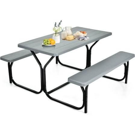 ORALNER Picnic Table, Resin Dining Table & 2 Benches Set, Weather Resistant Wood Grain Plastic Tabletop & Steel Frame, Picnic Tables for Outdoors, Porch Yard Patio Lawn Party Camping (Grey)