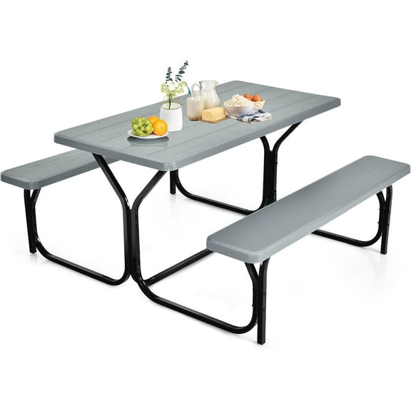 ORALNER Picnic Table, Resin Dining Table & 2 Benches Set, Weather Resistant Wood Grain Plastic Tabletop & Steel Frame, Picnic Tables for Outdoors, Porch Yard Patio Lawn Party Camping (Grey)