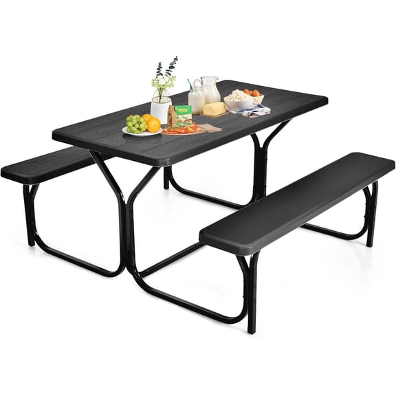 ORALNER Picnic Table, Resin Dining Table & 2 Benches Set, Weather Resistant Wood Grain Tabletop & Steel Frame, Plastic Picnic Tables for Outdoors, Porch Yard Patio Lawn Party Camping (Black)