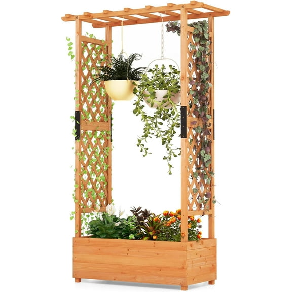 ORALNER Raised Garden Bed with Trellis, Wooden Planter Box with Climbing Frame, Outdoor Elevated Garden Box for Vegetables, Herbs, Flowers, Fruits (Medium)