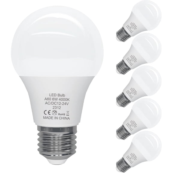 ORALUCE 12V LED Light Bulb Low Voltage,AC/DC 12-24V A19 E26 LED Bulb 60 Watt,4000K Neutral White 12 Volt Light Bulb 6W,for Solar Battery System Lighting Marine Boat RV Camping Landscape Garden,6P