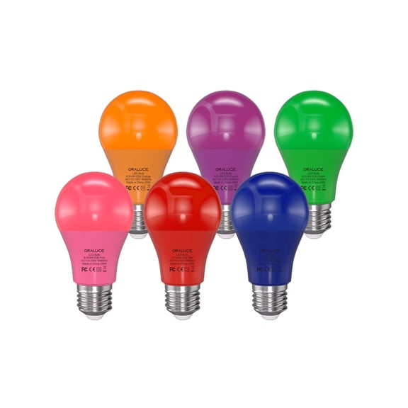 ORALUCE 6 Colored Light Bulbs Indoor Outdoor, A19 Color Lights Bulb,Colorful E26 LED Bulb 60 Watt Non-Dimmable, for Bedroom, Lamps, Patio, Halloween, Christmas, Party, Holiday, 6 Pack