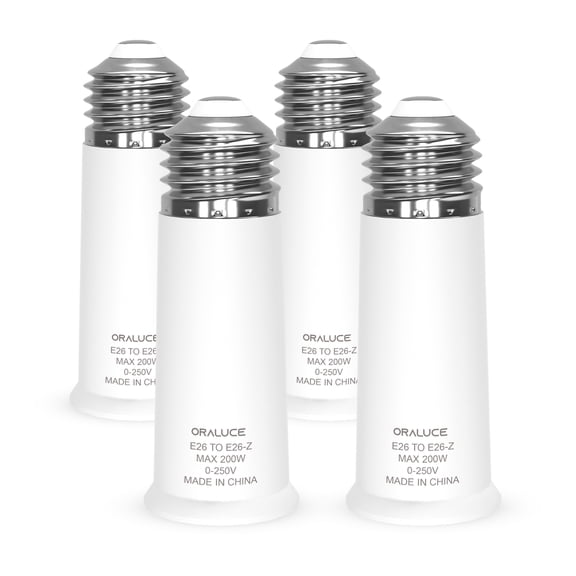 ORALUCE E26 to E26 Light Bulb Socket Adapter, 4 Pack, White, Plastic, Medium Base, 200W, 120V AC, 2.55 Inch Extension