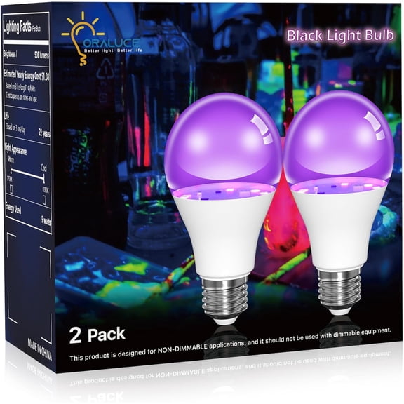 ORALUCE LED Black Light Bulb, 60 Watt EquivalentA19 UV Light Bulb UVA Level 385-400nm, E26 Blacklight for Body Paint, Party, Halloween, Fluorescent Poster, 2 Pack