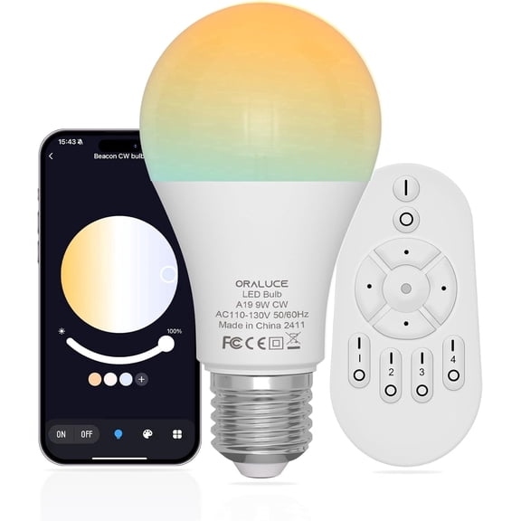 Oraluce LED 9W 60 Watt Equivalent Dimmable 2700-6500K A19 Light Bulbs, Remote Control, Bluetooth Smart