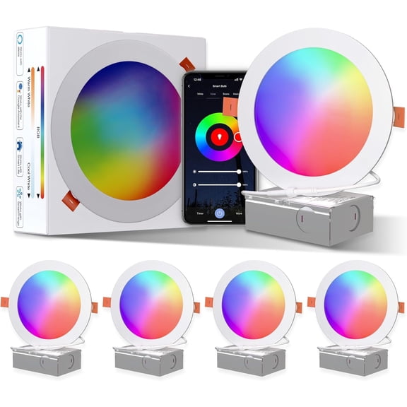 ORALUCE Smart Recessed Lighting 6 Inch, WiFiBluetooth Color Changing Retrofit LED Can Lights, 13W 1050LM RGBCW 2700-6500K Ultra-Thin Wafer Lights Compatible with Alexa/Google Assistant, 4Pack