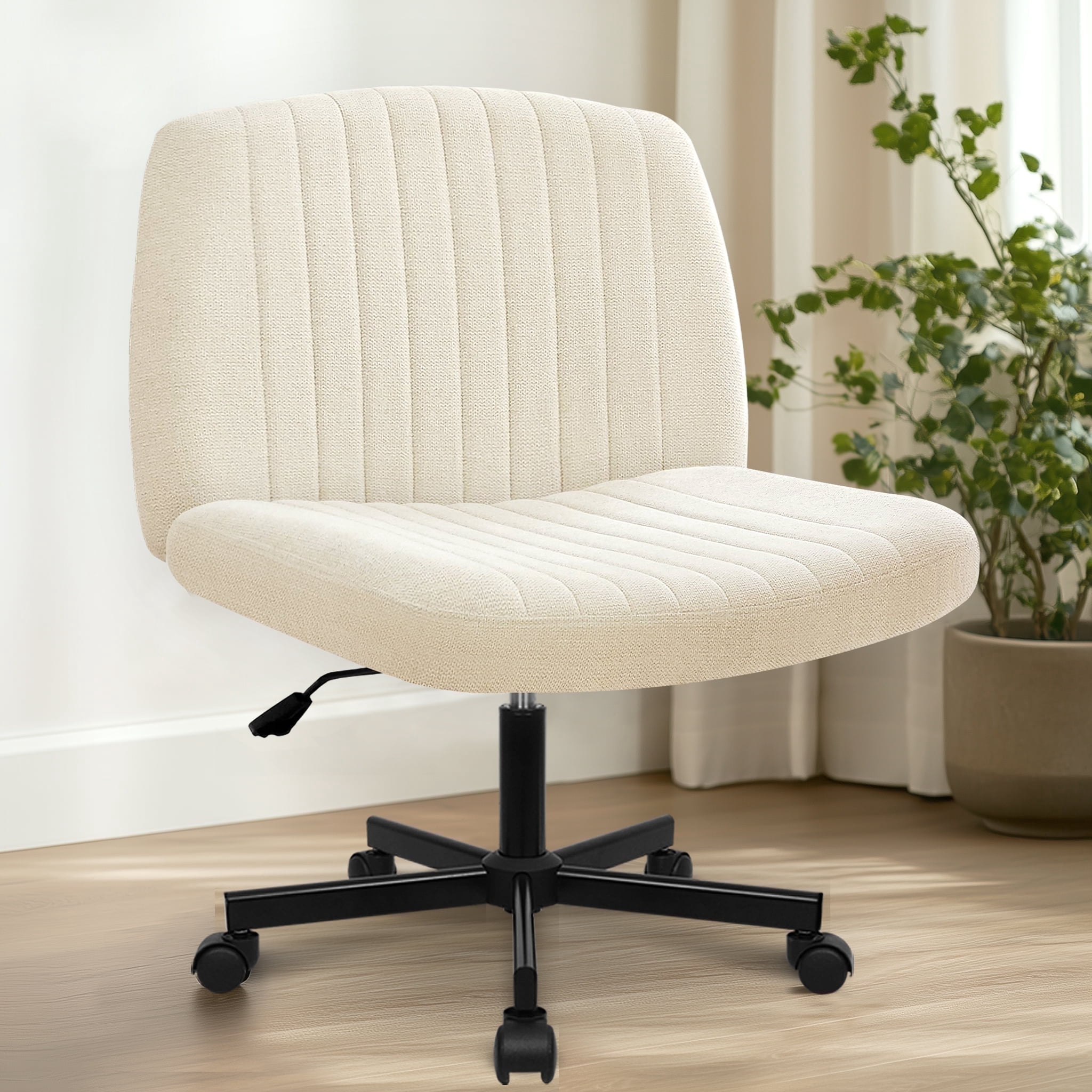 Orange Factory Criss Cross Chair Wheels Wide Cross Legged Office Desk Vanity Chair Comfy Fabric Armless Adjustable Swivel for Home Computer Task (Beige Wheel, Fabric)