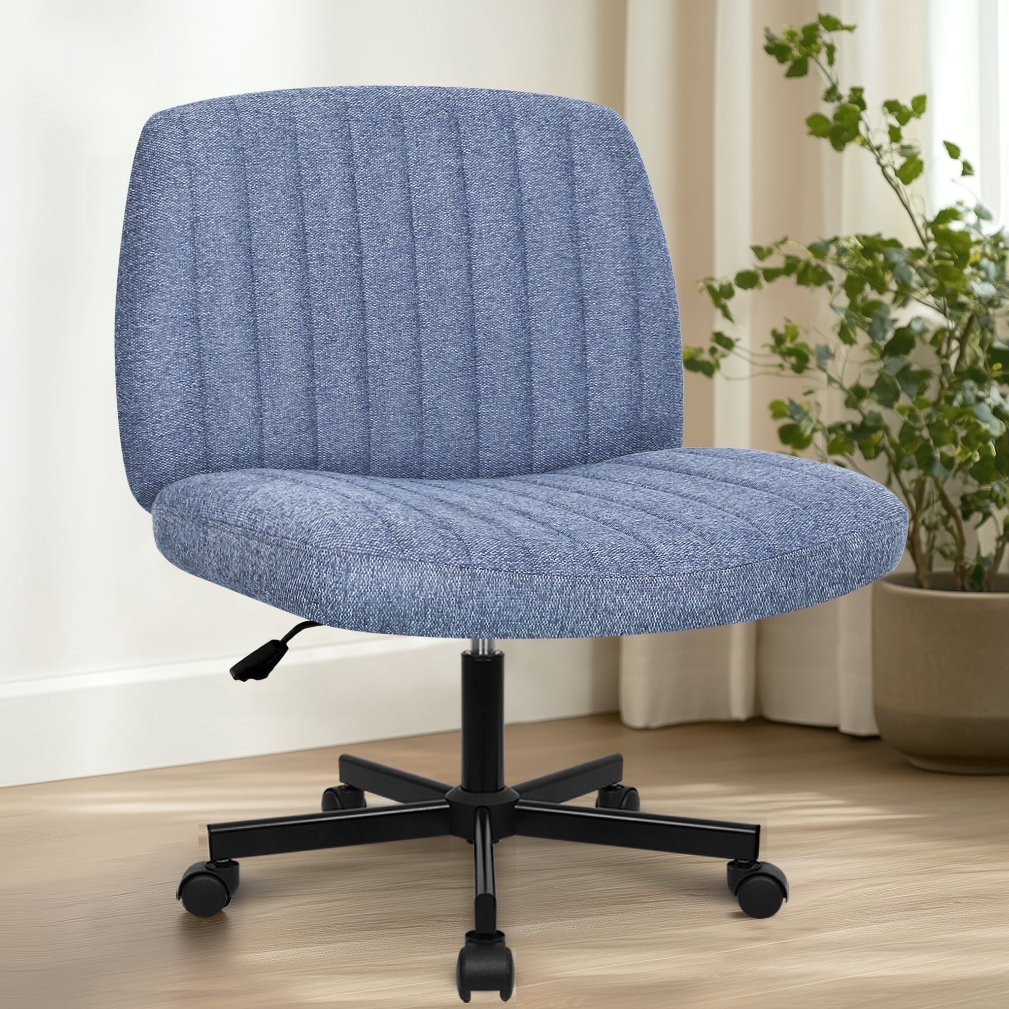 Orange Factory Criss Cross Chair Wheels Wide Cross Legged Office Desk Vanity Chair Comfy Fabric Armless Adjustable Swivel for Home Computer Task (Blue Wheel, Fabric)