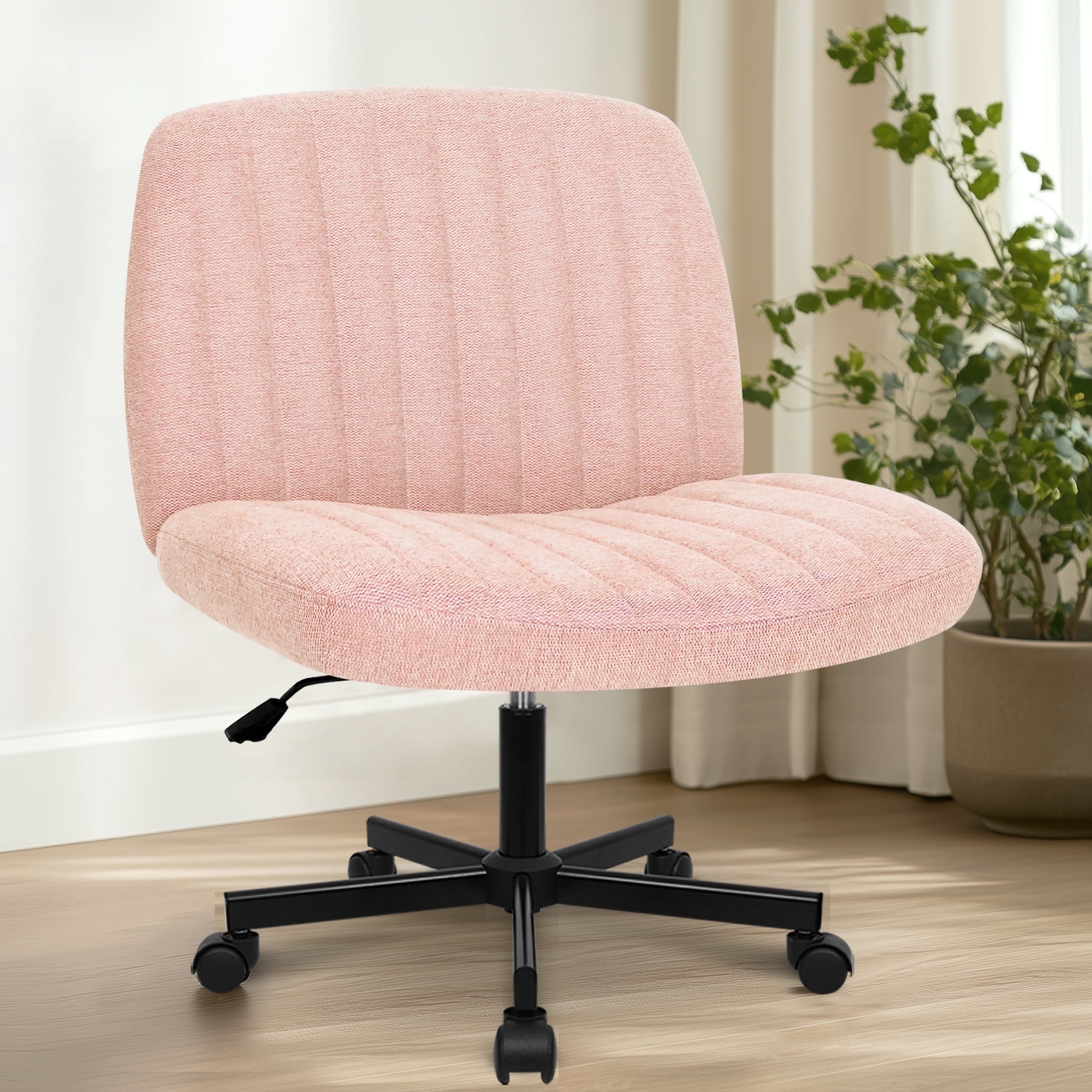 Orange Factory Criss Cross Chair Wheels Wide Cross Legged Office Desk Vanity Chair Comfy Fabric Armless Adjustable Swivel for Home Computer Task (Pink Wheel, Fabric)