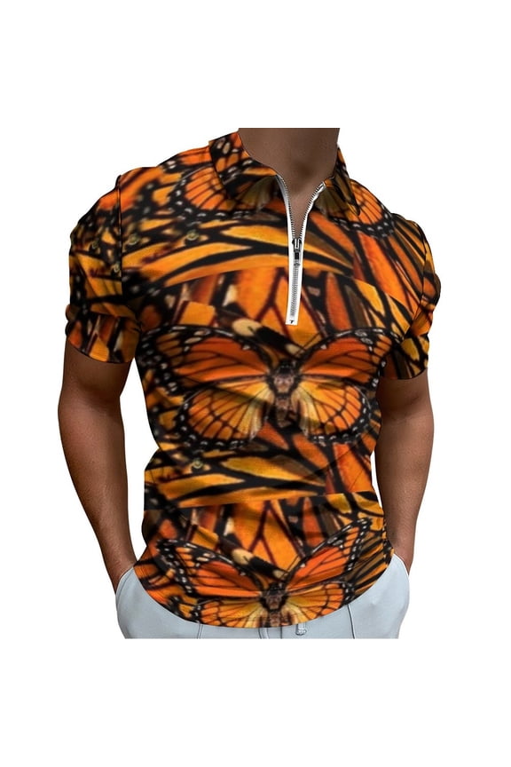 ORANGE MONARCH BUTTERFLY PATTERNED Men Zipper T-shirt Summer Casual Short Sleeve T-shirt Top