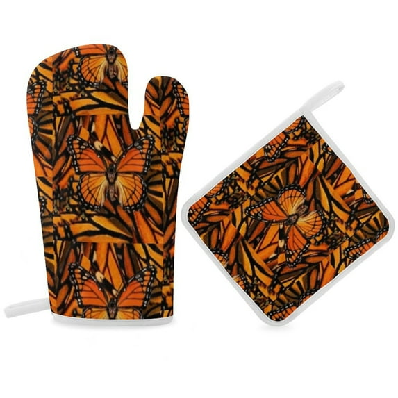 ORANGE MONARCH BUTTERFLY PATTERNED Oven Gloves And Pots Stand Set Oven Gloves And Pot Racks Pot Racks And Oven Gloves Set