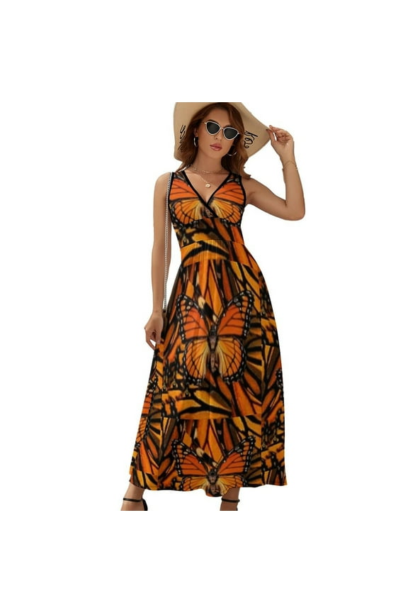 ORANGE MONARCH BUTTERFLY PATTERNED Sleeveless Dress Dresses Women Summer Evening Dresses Ladies Bohemia Long Dresses