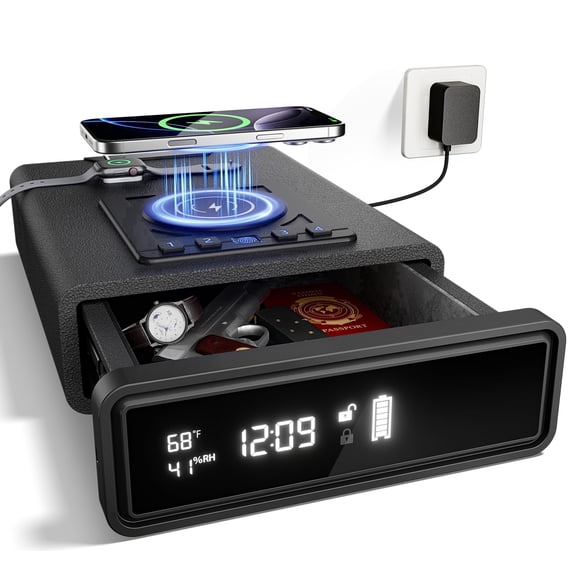 ORARAER Biometric Safe with Wireless Charging, 3 Access Methods to Unlock, Nightstand Drawer Safe LED Display with Humidity & Temp, Money Box for Cash and Valuables