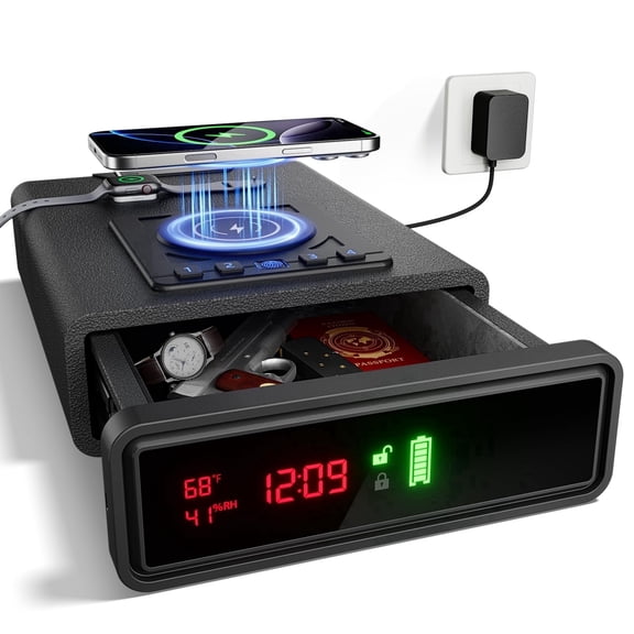 ORARAER Biometric Smart Safe with Wireless Charging, 3 Quick Access Money Box with Fingerprint - Compact Bedside 24/7 Digital Clock Safe