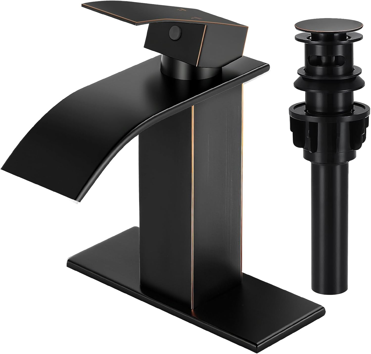 ORB Bathroom Faucets, Waterfall Bathroom Sink Faucet Modern Single Handle Bathroom Faucte 1 or 3 Hole, RV Mixer Tap Vanity Faucet - Includes Pop-up Drain Supply Hoses Deck Plate