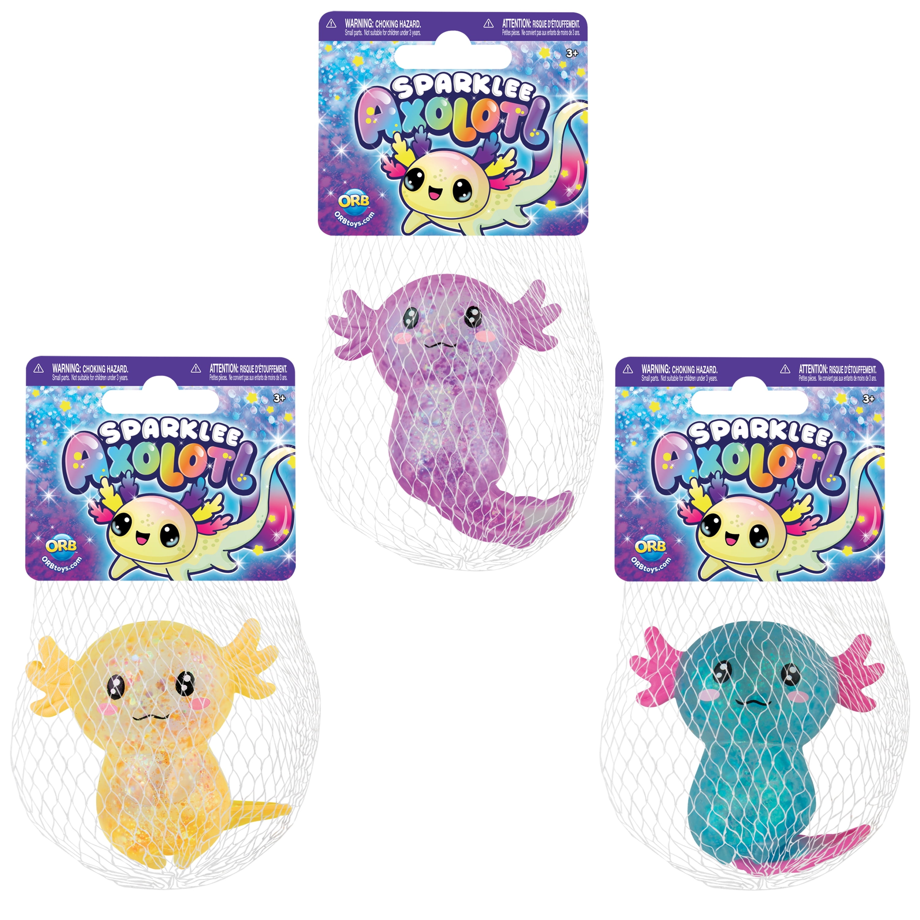 ORB Curiosities Sparklee Axolotl Mega 3 Pack - Stretch, Squish, and Even Squeeze These Cute and Sparkly Axolotls for Stress Relief - Original Sensory / Fidget Collectible Toys for Kids and Adults