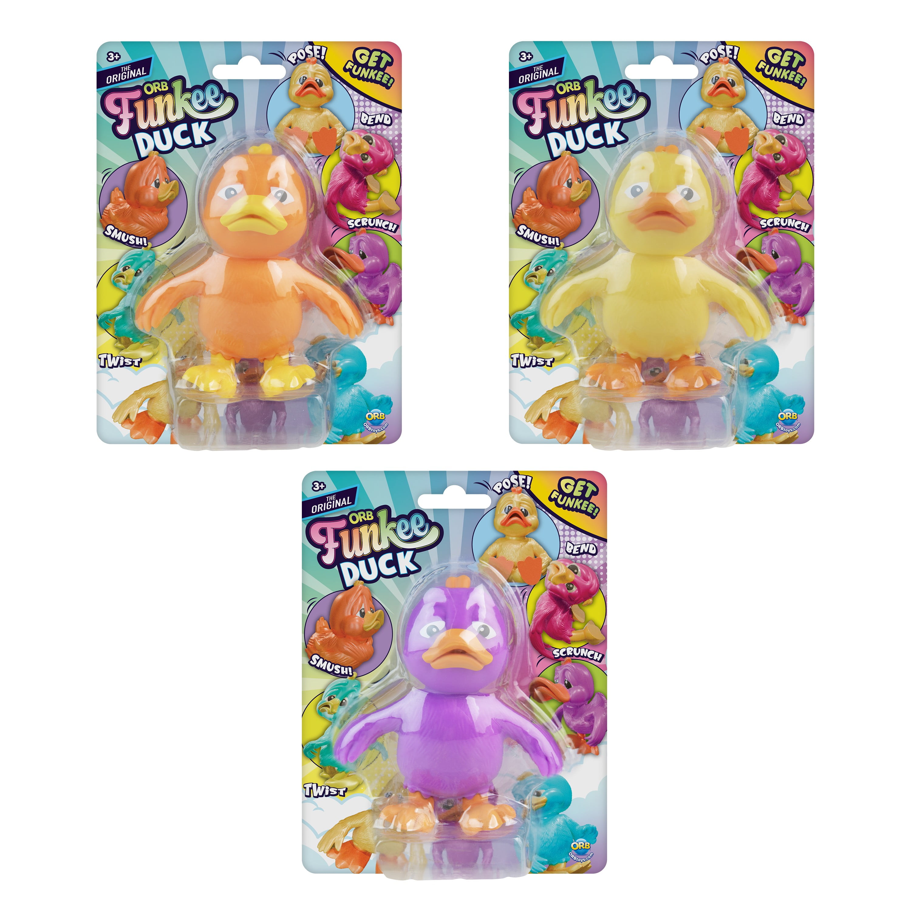 ORB Funkee Animalz Mega Squishy Duck 3 Pack - Adorable, Funny, Stretchy, and Squishy Toy Ducks, Perfect for Stress Relief - Original Collectible Funkee Monkee Animal Fidget Toys for Kids and Adults