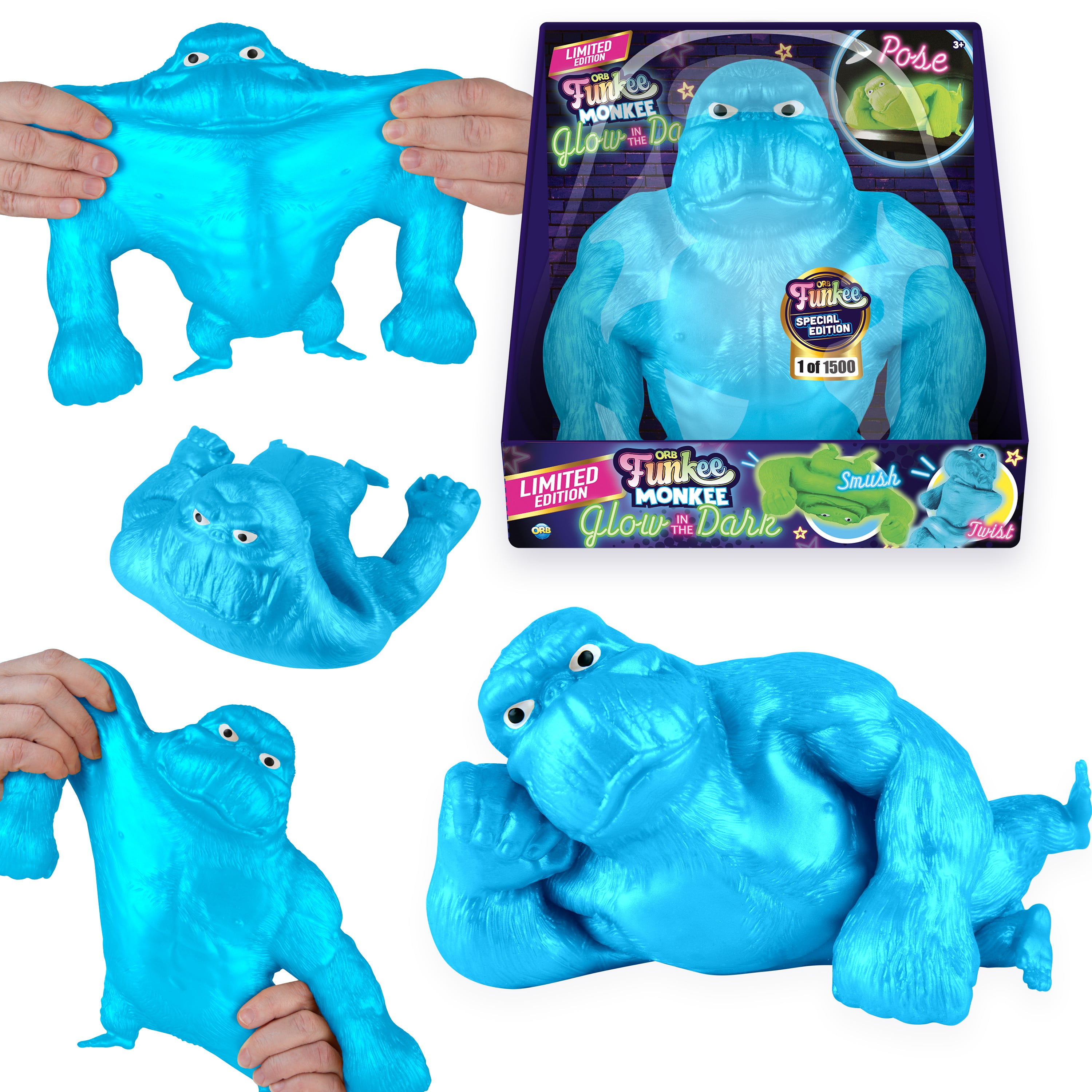 ORB Funkee Monkee GLOW (Blue) Squishy Monkey Toy - Limited Edition (2500 Produced) - Big 4.5 Lb Stretchy Monkey - Squeeze for Stress Relief - Collectible Glow in the Dark Fidget Toy, Stress Gorilla