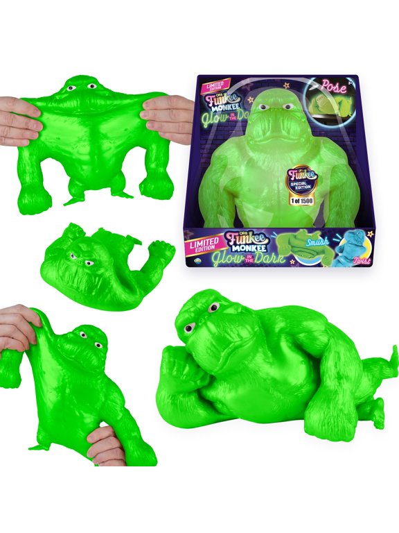 Funkee Monkee GLOW (Green) Squishy Monkey Toy - Limited Edition (2500 Produced) - Big 4.5 Lb Stretchy Monkey - Squeeze for Stress Relief - Collectible Glow in the Dark Fidget Toy, Stress Gorilla