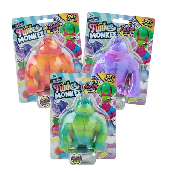 ORB Funkee Monkee Mega Surprise 3 Pack - These Funny Monkeys are Stretchy, Squishy, & Even Perfect to Squeeze for Stress Relief - Original Sensory/Fidget Collectible Toys for Kids and Adults