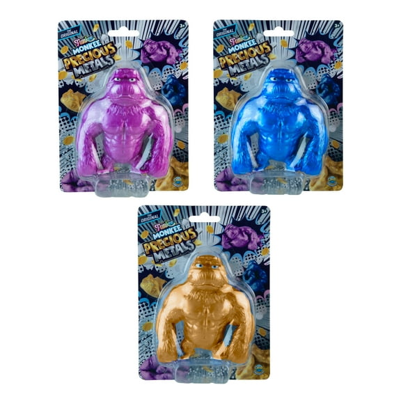ORB Mega Precious Metals Funkee Monkee 3 Pack - Metallic Colored Stretchy, Squishy, Funny Monkeys - Perfect to Squeeze for Stress Relief - Fun Collectible Sensory and Fidget Toys for Kids and Adults