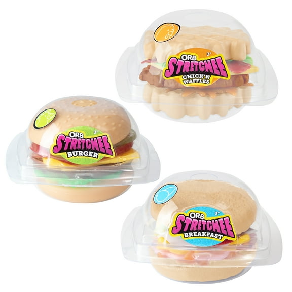 ORB Stretchee Foodz - Secret Menu 3 Pack - Mix and Match, Stretch, and Even Squeeze This Hamburger and Sandwich Trio for Stress Relief - Original Sensory/Fidget Play Food Toys for Kids and Adults