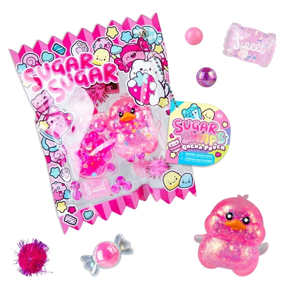 ORB Sugar Swaps Gacha Pouch Squishy Keychain Charm - Pink Gachapon Style Pouch with Sparkly, Squishy Duck and Cat Paw - Squish, Collect, Trade - Fidget Stress Toys for Kids, Backpacks, Keys, Bags