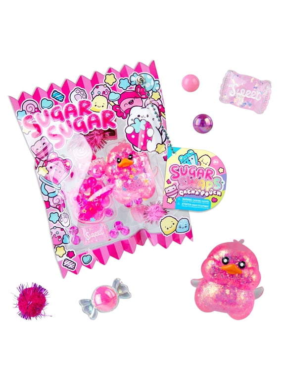 Sugar Swaps Gacha Pouch Squishy Keychain Charm - Pink Gachapon Style Pouch with Sparkly, Squishy Duck and Cat Paw - Squish, Collect, Trade - Fidget Stress Toys for Kids, Backpacks, Keys, Bags