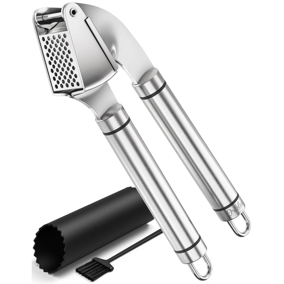 ORBLUE Garlic Press Stainless Steel - Premium Professional Grade Garlic Mincer, Crusher & Peeler Set - Easy Clean, Dishwasher Safe & Rust-proof, Gray