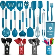ORBLUE Silicone Cooking Utensil Set, 14-Piece Kitchen Utensils with Holder, Safe Food-Grade Silicone Heads and Stainless Steel Handles with Heat-Proof Silicone Handle Covers, Black