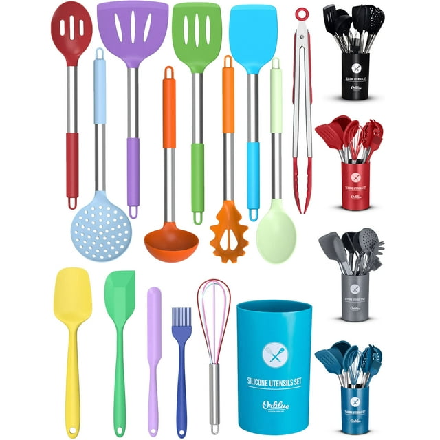 ORBLUE Silicone Cooking Utensil Set, 14-Piece Kitchen Utensils with Holder, Safe Food-Grade Silicone Heads and Stainless Steel Handles with Heat-Proof Silicone Handle Covers, Multi-Colored