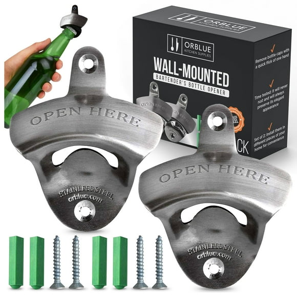 ORBLUE Wall-Mounted Bottle Openers - Stainless Steel, Mountable Beverage, Beer, Soda Caps Remover - Mounting Hardware Included, 2-Pack, Army Gray
