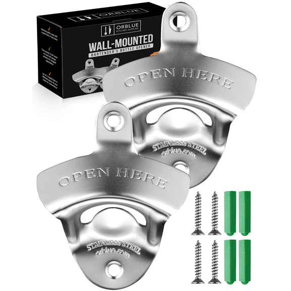 ORBLUE Wall-Mounted Bottle Openers - Stainless Steel, Mountable Beverage, Beer, Soda Caps Remover - With Mounting Hardware 2PACK, Silver