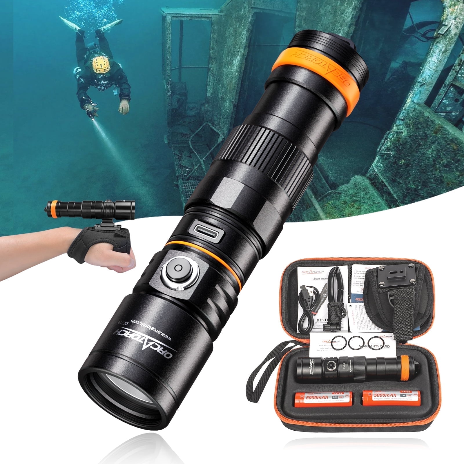 ORCATORCH DC710 Scuba Dive Light Type C Rechargeable, 3000 Lumens Super Bright Underwater Flashlight, IP68 Waterproof Submersible Torch  for Hands-Free Diving