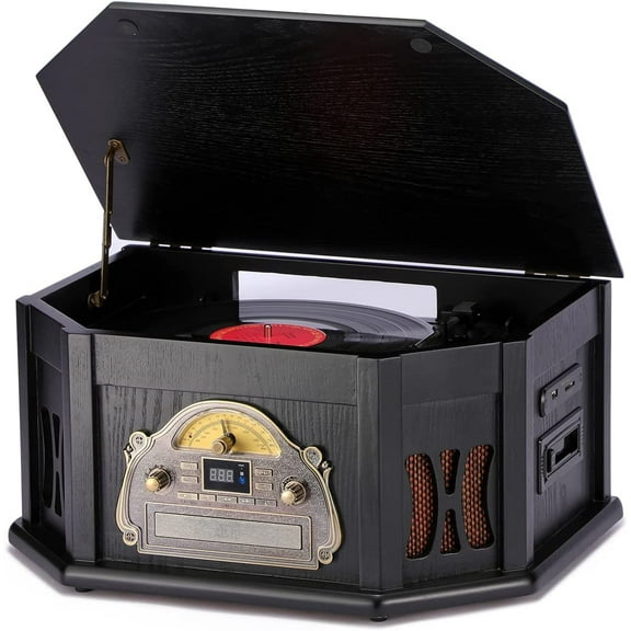 ORCC 10-in-1 Record Player, Nostalgic Turntable for Vinyl Record with Bluetooth, 2 Built-in Speakers, CD, Cassette, AM/FM Radio, USB, SD Slot, Remote Control