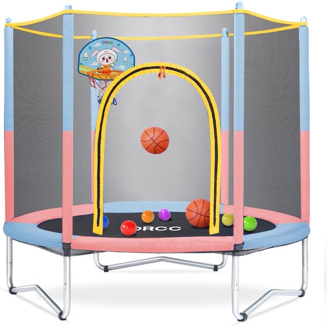 "ORCC 55""/60"" Kids Trampoline with Safety Net Pad, Easy Installation, Indoor/Outdoor, Supports