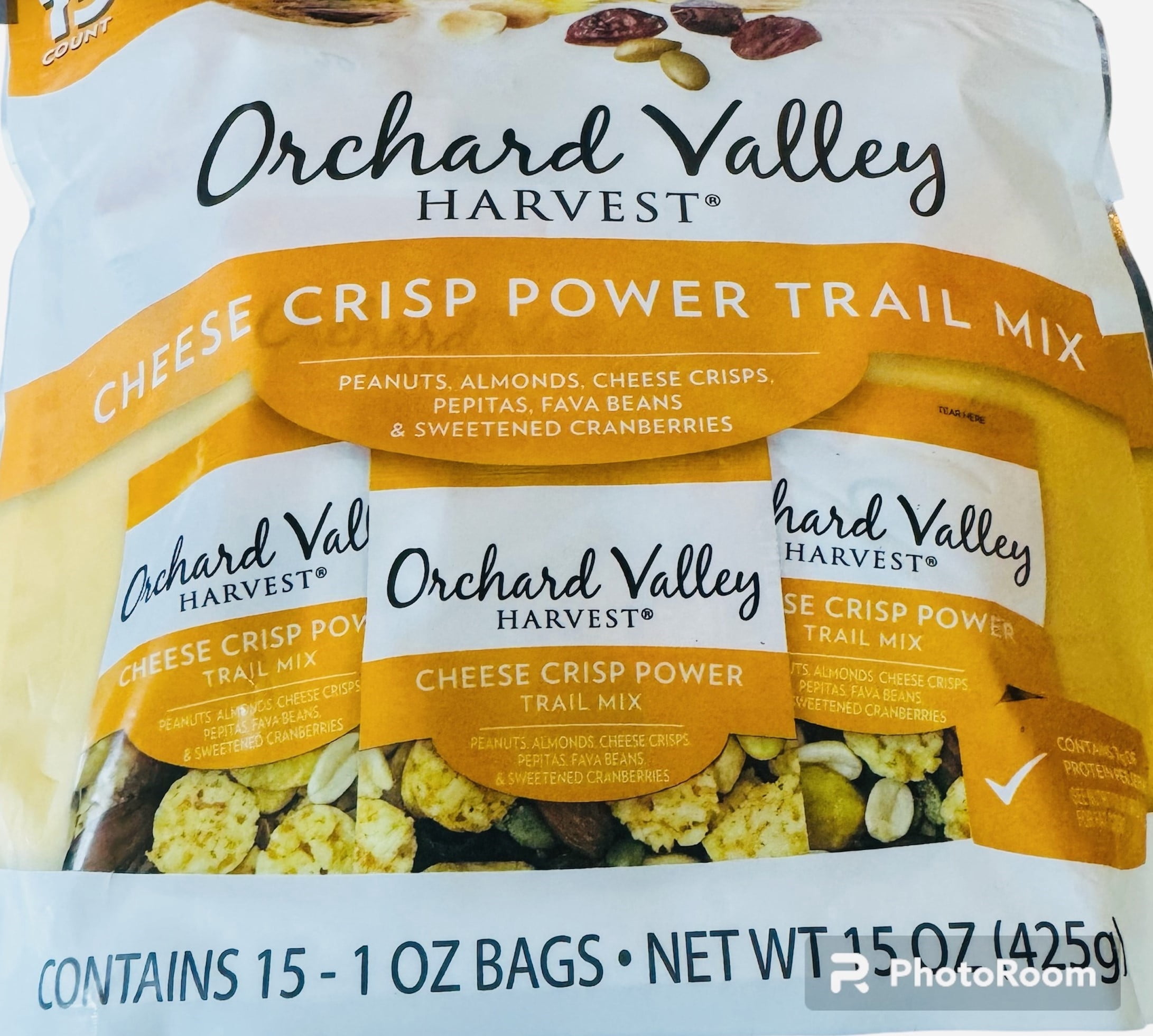ORCHARD VALLEY HARVEST CHEESE CRISP POWER TRAIL MIX, PEANUTS, ALMONDS CHEESE CRISPS, PEPITAS, FAVA BEANS & SWEETENED CRANBERRIES PACK OF 15.