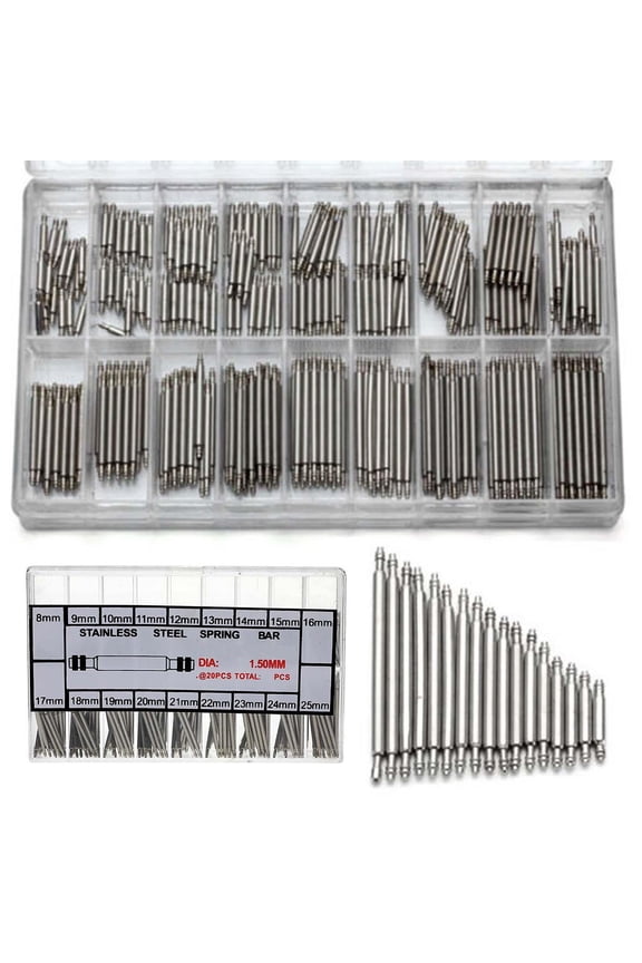 360Pcs Stainless Steel Spring Bars for Watch Band Repair, Sizes 8mm to 25mm Diameter, 1.5mm Thickness