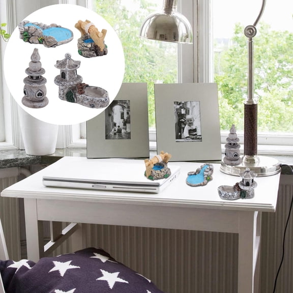 ORDDIART 4Pcs Mini Landscape Decor Resin Miniature Ancient Buildings Traditional Chinese Style For Collectors