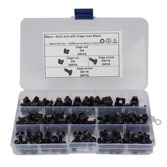 ORDDIART 1Set Rack Mount Screws and Cage Nuts Kit Plastic Box Included Black Carbon Steel