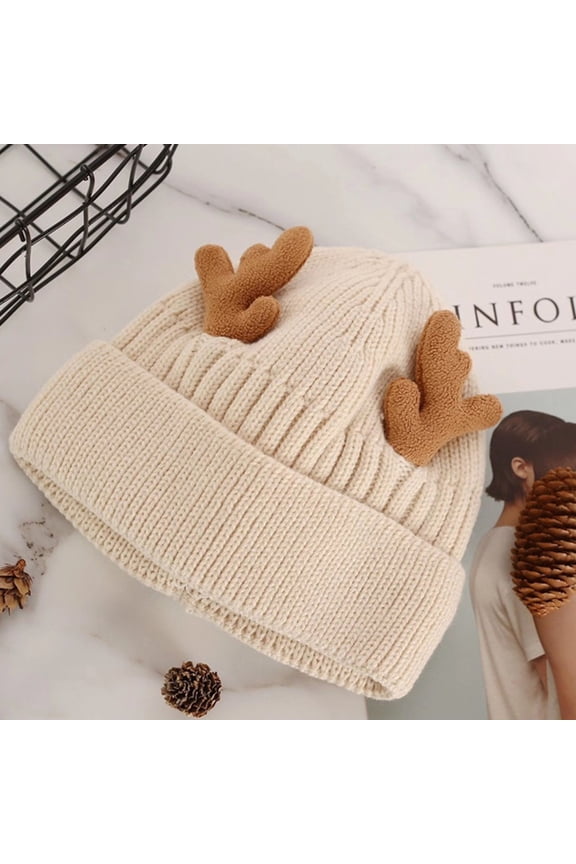 1Pc Winter Warm Knitted Cap with Antlers Beige Woolen Hat for Festive Decoration