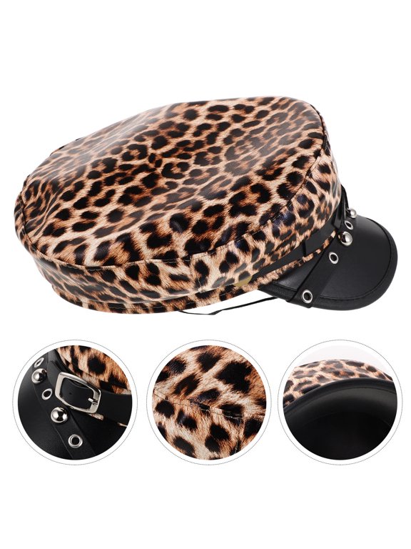 Leopard Print PU Newsboy Cap for Women, Punk Flat Top Cabbie Beret Hat, Fashion Casual Streetwear Visor Style