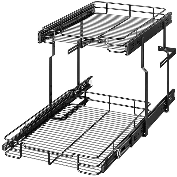 ORDORA 2 Tier Pull Out Cabinet Organizer, Heavy Duty Shelves for Kitchen Bathroom, Slide Out Chrome Steel Shelf Organizer Black