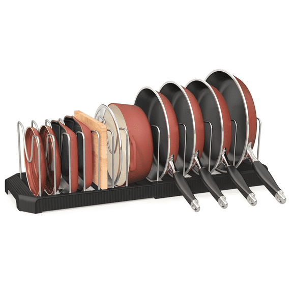 ORDORA Expandable Pan Organizer with 12 Adjustable Shelves, Multifunctional Pots and Pans Organizer Rack for Kitchen Cabinets, Stainless Steel Pot Rack Lid Holder, Black