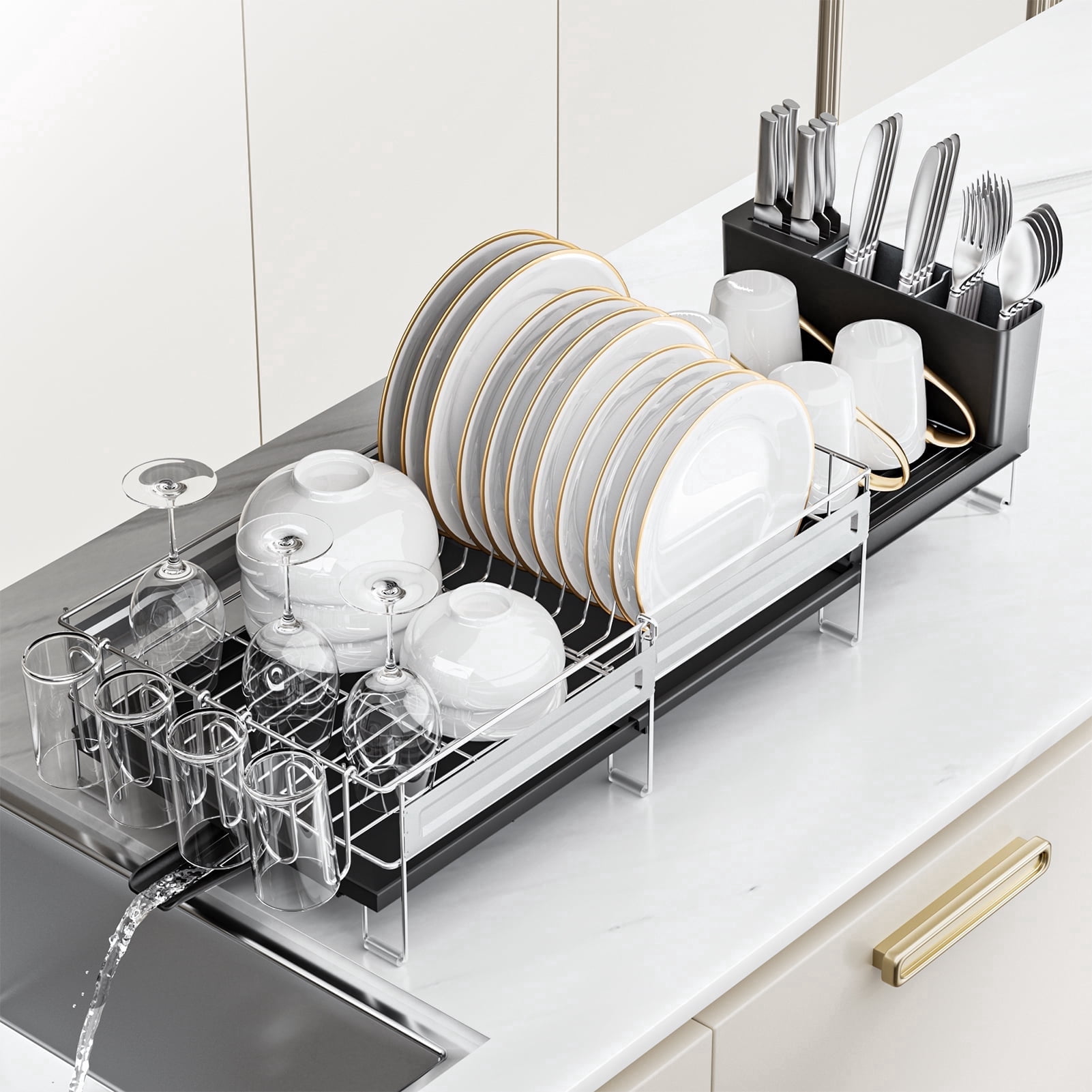 ORDORA Extendable Dish Drying Rack Stainless Steel Dish Rack Black Drainboard Multifunctional Kitchen Drainer Set Utensil Holder Cup Holder Adjustabl: What Stands Out on Walmart