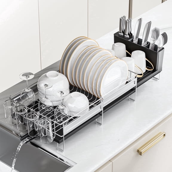 PANTASIA Extendable Dish Drying Rack, Stainless Steel Dish Rack with Black Drainboard, Multifunctional Kitchen Drainer Set with Utensil Holder & Cup Holder, Adjustable Length 13.4"-28.7" x 11.8"W