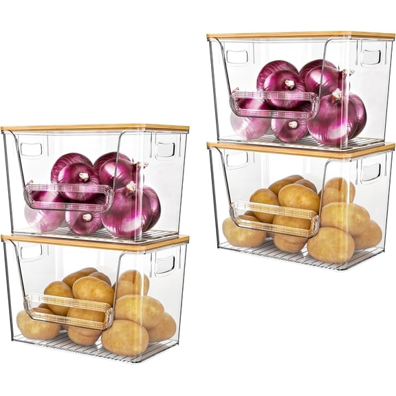 Potato Storage Bin, PANTASIA Onion Holder Stackable Kitchen Pantry Organizer with Bamboo Lid 4 Pack, Clear
