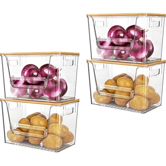 Potato Storage Bin, DELAMU Onion Holder Stackable Kitchen Pantry Organizer with Bamboo Lid 4 Pack, Clear