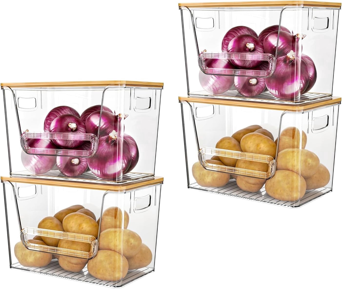 Potato Storage Bin, ORDORA Onion Holder Stackable Kitchen Pantry Organizer with Bamboo Lid 4 Pack, Clear